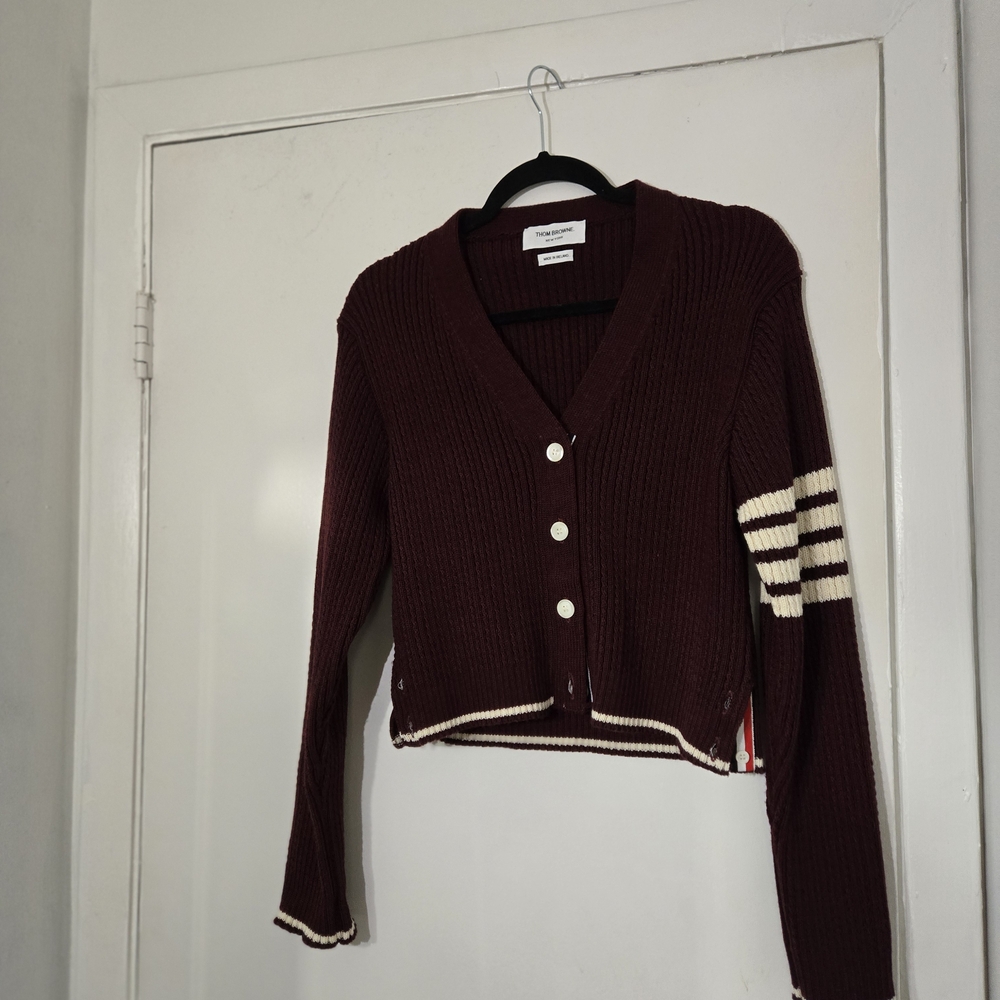 Thom Browne Maroon V-Neck Button-Up Sweater. Only Worn Once.  In Great Condition